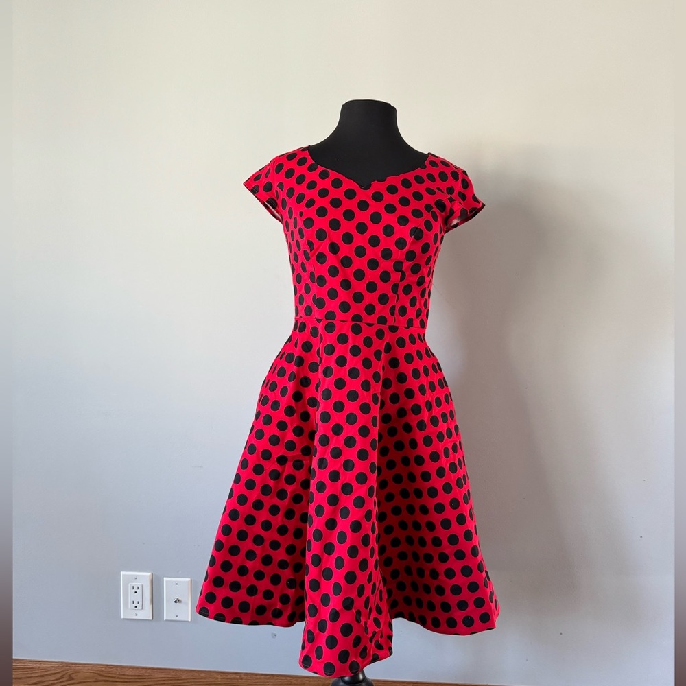 Red with black polka dot dress